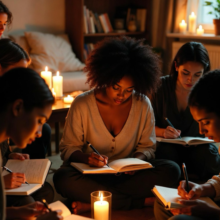 Group of people sitting together in a cozy room with candles, reading books.