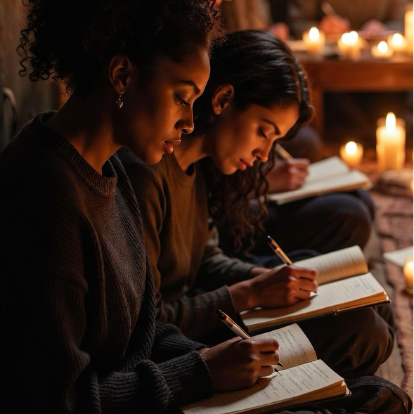 Group of people sitting around a table with candles in a dimly lit room.