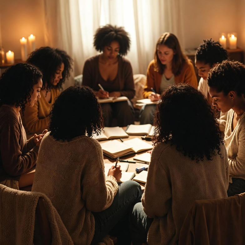 Group of people sitting around a table in a dimly lit room, possibly engaged in a discussion or activity.