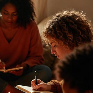 Two women sitting on a couch with books and candles, one of them writing.